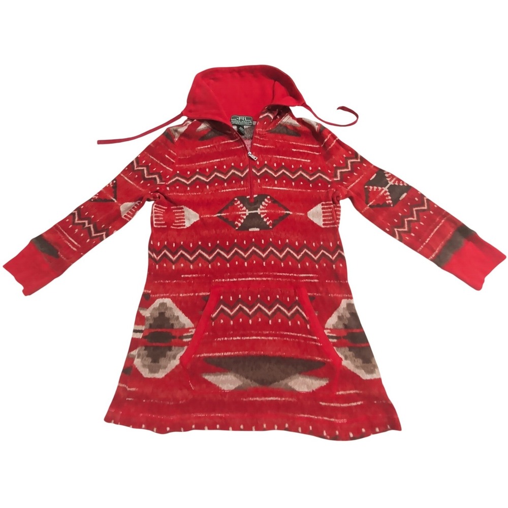 Lauren Ralph Lauren Active Red Brown Southwestern Knit Quarter Zip Hoodie L